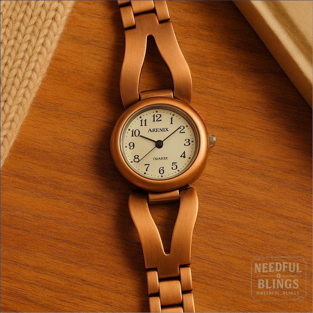 Vintage ARENIX Copper-Tone Quartz Ladies Watch • Sculptural Split-Lug 90s Retro